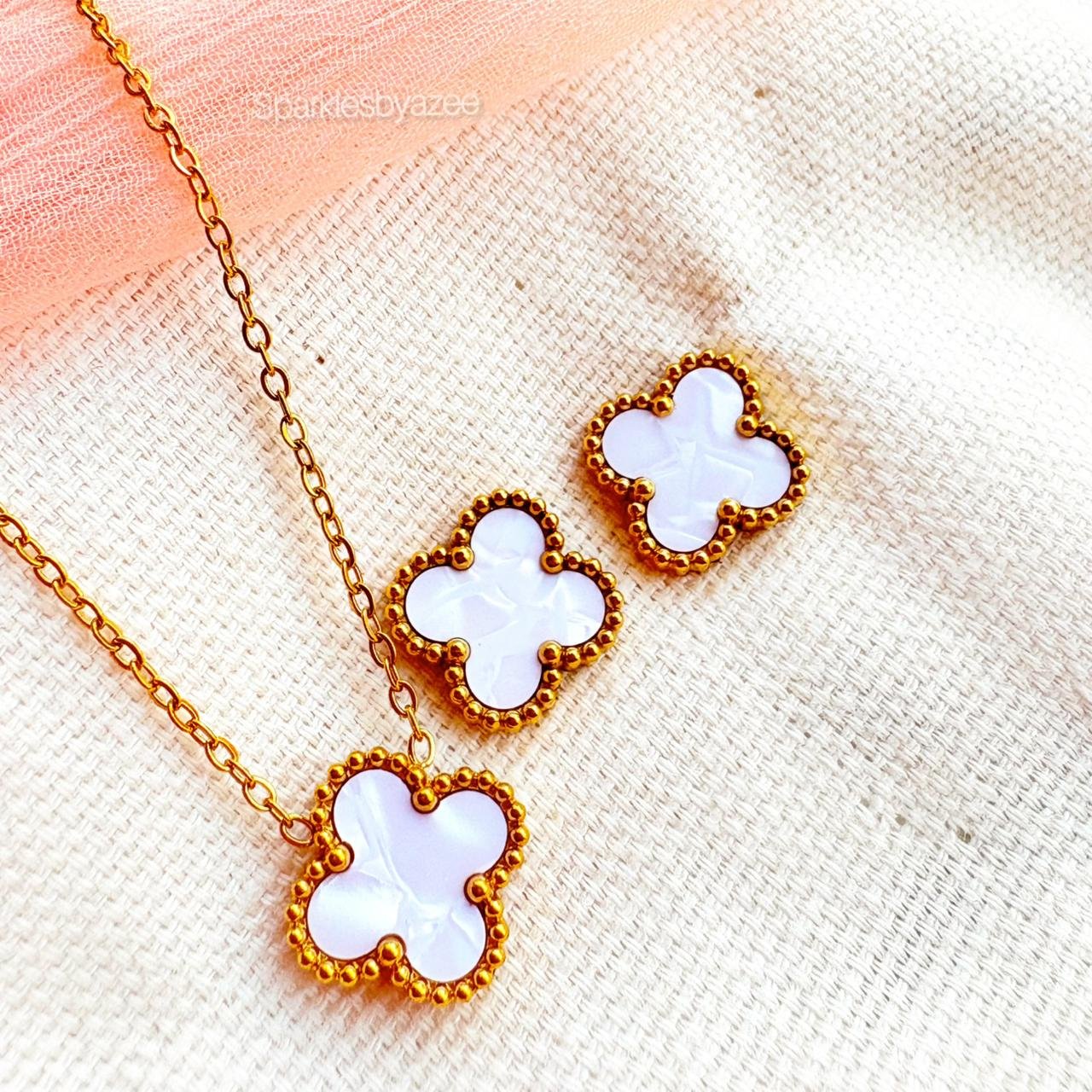 Double Sided White Clover Set Necklace & Studs (18K Gold Plated)